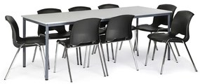 Stôl jedálenský, sivý 2000x800 + 8 stoličiek Cleo, modrá