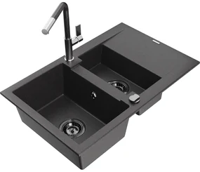Mexen Gaspar, 1,5-komorový granitový drez 737x475x177 mm a drezová batéria Flora, čierna škvrnitá, 6507-76-670401-08-B