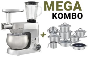 MEGAKOMBO Multifunkčný kuchynský robot BestBerg BBR-1900S + 15dielna sada nerezových hrncov a nepriľnavých panvíc BestBerg BBSC-15 / strieborná