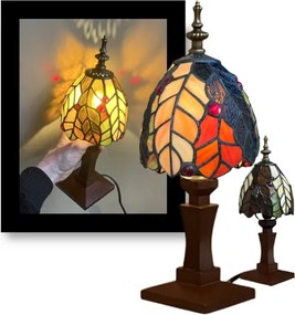 Stolná lampa Tiffany vitáž FLORA_WOOD BASE 33*12 E14