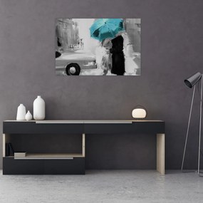 Obraz - Zamilovaný pár s dáždnikom, modrý (90x60 cm)