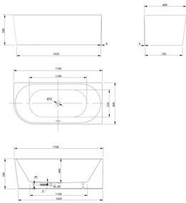 Aqualine Aqualine, TIBERA R rohová stojaca vaňa 170x80cm, biela, E1015