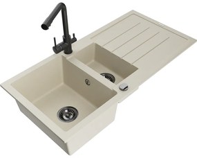 Mexen Andres, granitový drez 1000x500x200 mm, 1,5-komorový + čierna batéria Duero, béžová, 6515-69-671600-70
