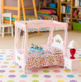 LEAN Toys Sada nábytku pre bábiky: posteľ s baldachýnom, nočné stolíky a lampy