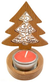 AMADEA Drevený svietnik stromček s vkladom - ornament, masívne drevo, výška 10 cm