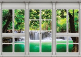 Fototapeta - Pohľad z okna na vodopád (152,5x104 cm)