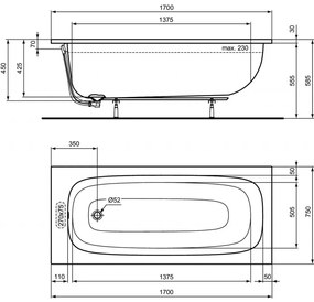 Ideal Standard i.life - Obdĺžniková vaňa 1700x750 mm, s prepadom, biela T476001