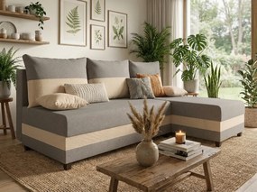 Rozkladacia obojstranná sedacia súprava do L VALERIO SLIM 200x140 cm, svetlosivá/béžová + 2 vankúšiky ZDARMA