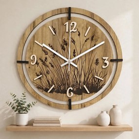 Drevené nástenné hodiny s motívom lúčnych tráv | LIANA: HDF - Javor 30 cm 4809-115521 HDF0705-ruky-silver