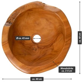 Drevené umývadlo DIVERO, masívne teakové drevo, Ø 39-40 cm