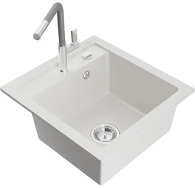 Mexen Vito, 1-komorový granitový drez 490x520x210 mm a drezová batéria Flora, biela, 6503-20-670401-06