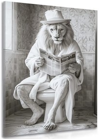 Obraz biely lev s novinami na záchode