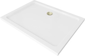 Mexen SLIM - Obdĺžniková sprchová vanička 130x90x5cm + zlatý sifón, biela, 40109013G