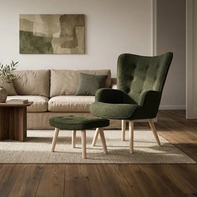 Relaxačné kreslo ušiak ROMEO II + taburet — masívne drevo, látka bouclé, prírodná / zelená