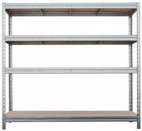 BULLRACK RIVET bezskrutkový kovový regál s drevenou DTD policou, 200x200x60 cm, 4 police, 600 kg na policu, zinok