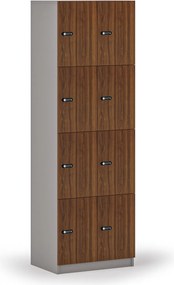 Drevená šatníková skrinka S4 s úložnými boxmi, 8 boxov, demont, mechanický kódový zámok, sivá/orech