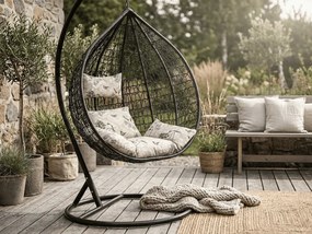 Čierne závesné kreslo KOKON so stojanom, béžový vankúš