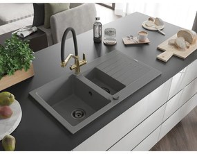 Mexen Matias, 1,5-komorový granitový drez 900x505x200 mm a drezová batéria Duo, šedá, 6502-71-671701-57-B