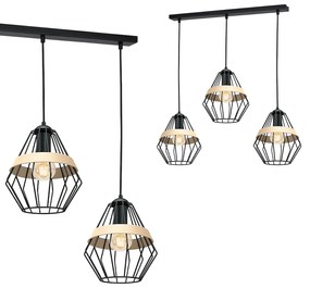 Závesné svietidlo Cliff, 3x drevené/čierne drôtené tienidlo, b