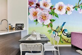 Samolepiaca tapeta sýkorky a kvitnúce kvety - 150x100
