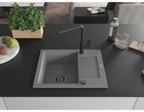 Mexen Enzo, 1-komorový granitový drez 576x465x174 mm a drezová batéria Flora, šedá, 6506-71-670401-70-B