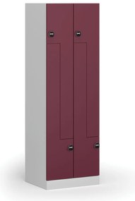Kovová šatníková skrinka Z, 4 oddiely, 1850 x 600 x 500 mm, demont, zámok s čítačkou RFID kariet, červené dvere