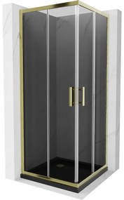 Mexen Rio, štvorcový sprchovací kút s posuvnými dverami 90(dvere) x 90(dvere) x 190 cm, 6mm šedé sklo, zlatý profil + čierna sprchová vanička SLIM, 860-090-090-50-40-4070G