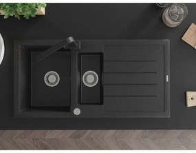 Mexen Andres, granitový drez 1000x500x200 mm, 1,5-komorový, čierna - strieborná metalíza s chrómovým sifónom a čierna drezová batéria Rita, 6515-73-670300-70