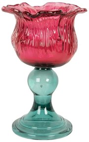 Tyrkysovo-ružový sklenený svietnik tulipán Colorful Garden - Ø 10*16 cm