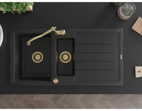 Mexen Andres, granitový drez 1000x500x200 mm, 1,5-komorový a drezová batéria Carla, čierna-strieborná metalíza, 6515-73-670700-50