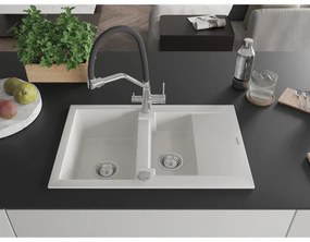 Mexen Gaspar, granitový drez 737x475x177 mm, 1,5-komorový a drezová batéria Duo, biela, 6507-20-671701-07