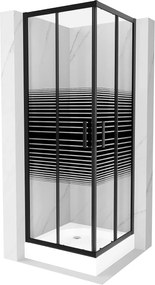 Mexen Rio, štvorcový sprchovací kút s posuvnými dverami 70 (dvere) x 70 (dvere) x 190 cm, 5mm číre sklo s pásikmi, čierny profil + biela sprchová vanička RIO, 860-070-070-70-20-4510