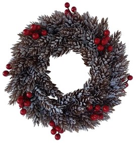 Plastový veniec s námrazou, šišky a červenébobule, d. 26 cm