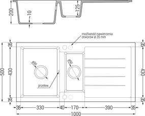 Mexen Andres, granitový drez 1000x500x200 mm, 1,5-komorový, čierna-strieborná metalíza s čiernym sifónom, 6515101510-73-B