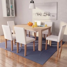 vidaXL Jedálenský stôl a stoličky, 7 ks, umelá koža a dubové drevo, krémové-