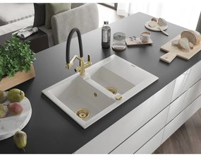 Mexen Gaspar, granitový drez 737x475x177 mm, 1,5-komorový a drezová batéria Duo, biela, 6507-20-671701-57-G