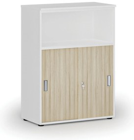 Kombinovaná kancelárska skriňa so zásuvnými dverami PRIMO WHITE, 800 x 420 x 1087 mm, biela/dub prírodná