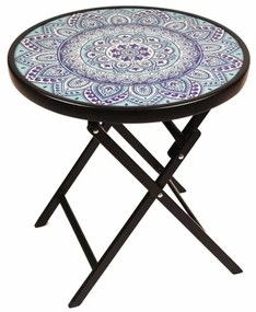 Záhradný bistro stolík, skladací, Ø 45 cm, modrý/vzorovaný