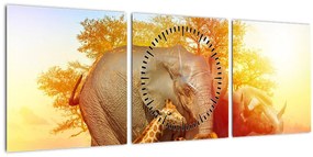 Obraz afrických zvieratiek (s hodinami) (90x30 cm)