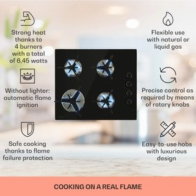 Klarstein Trifecta 4, plynová varná doska, 4 trojuholníkové horáky, sklokeramika, čierna