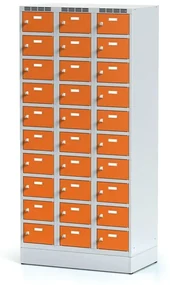 Alfa 3 Šatníková skrinka na sokli s úložnými boxami, 30 boxov, 1920 x 900 x 500 mm, otočný zámok, oranžové dvere