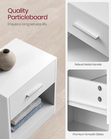 Nočné stolíky, sada 2 ks, príručný stolík so zásuvkou, 28 x 39 x 41 cm, biele