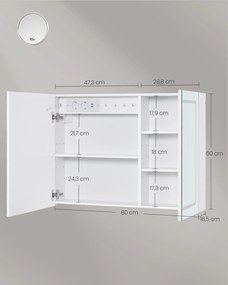Kúpeľňová nástenná skrinka so zrkadlom a LED osvetlením, 16,5 x 80 x 60 cm, biela