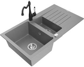 Mexen Matias, granitový drez 900x505x200 mm, 1,5-komorový a drezová batéria Carla, šedá, 6502-71-670700-70