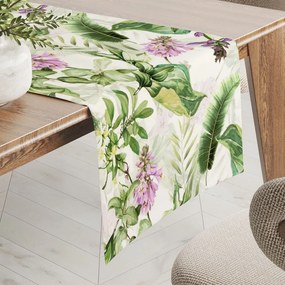 Biante Zamatový behúň na stôl Tamara TMR-035 Fialové zvončeky s listami na bielom 45x140 cm