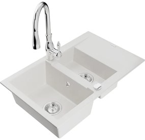 Mexen Gaspar, 1,5-komorový granitový drez 737x475x177 mm a drezová batéria Savita, biela, 6507-20-672601-00