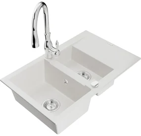 Mexen Gaspar, 1,5-komorový granitový drez 737x475x177 mm a drezová batéria Savita, biela, 6507-20-672601-00