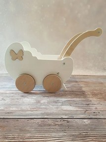 Drevený kočík pre bábiky s dekoráciou biela + drevo