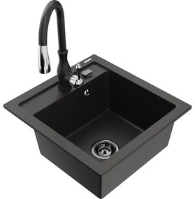 Mexen Vito, 1-komorový granitový drez 520x490x210 mm a drezová batéria Savita, čierna-zlatá metalíza, 6503-75-672601-70-B