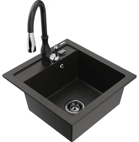 Mexen Vito, 1-komorový granitový drez 520x490x210 mm a drezová batéria Savita, čierna-zlatá metalíza, 6503-75-672601-70-B